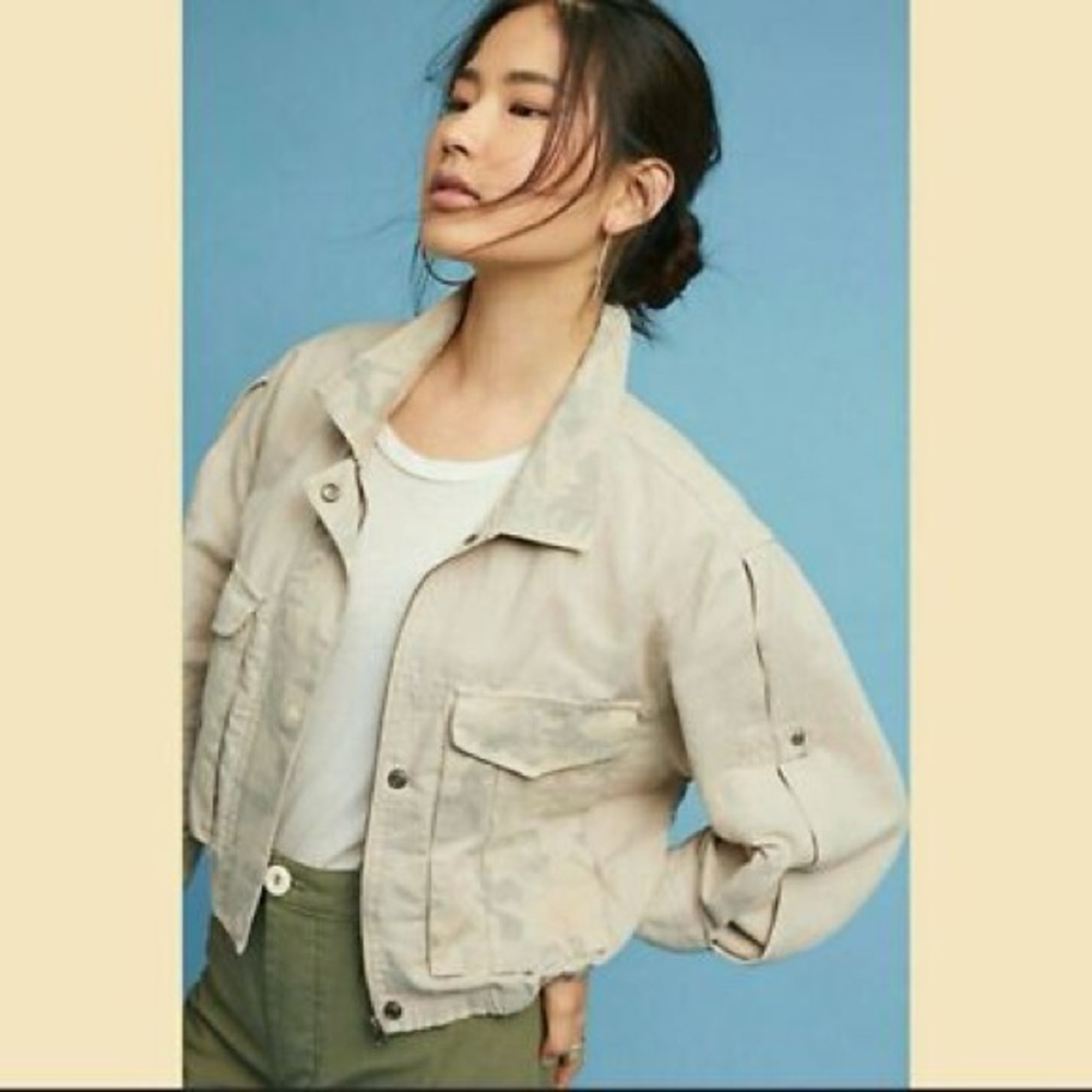 ANTHROPOLOGIE Hei Hei Ronan Cropped Linen Camo Utility Jacket Sz Small